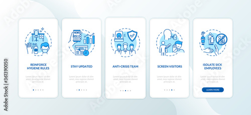 Workplace safety guidelines onboarding mobile app page screen with concepts. Use antibacterial gel in office walkthrough 5 steps graphic instructions. UI vector template with RGB color illustrations