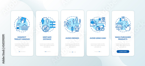Safe shopping in store guidelines onboarding mobile app page screen with concepts. Use electronic payments walkthrough 5 steps graphic instructions. UI vector template with RGB color illustrations