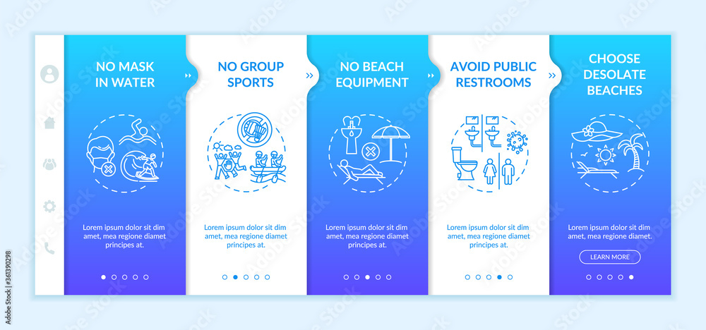 Safety on public beach onboarding vector template. Choose desolate beach. Prohibited wear mask in water. Responsive mobile website with icons. Webpage walkthrough step screens. RGB color concept