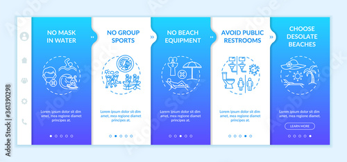 Safety on public beach onboarding vector template. Choose desolate beach. Prohibited wear mask in water. Responsive mobile website with icons. Webpage walkthrough step screens. RGB color concept