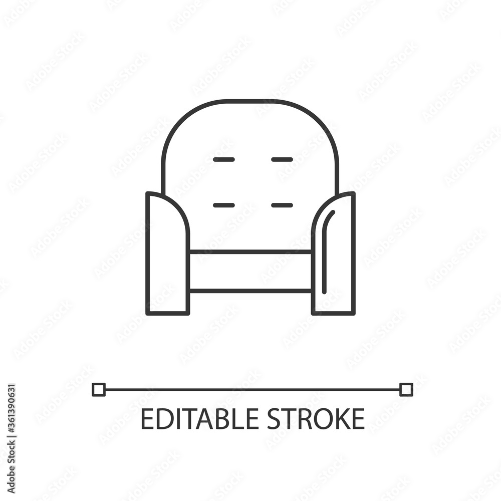 Armchair front linear icon. Living room furniture. Seat with cushion for relaxation. Thin line customizable illustration. Contour symbol. Vector isolated outline drawing. Editable stroke Armchair front linear icon. Living room furniture. Seat with cushion for relaxation. Thin line customizable illustration. Contour symbol. Vector isolated outline drawing. Editable stroke