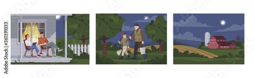 Nighttime family activity in village semi flat vector illustration set. Grandfather going from fishing with grandson. Couple sit on patio. Farmers 2D cartoon characters for commercial use