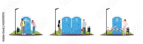 People nearby portable toilets semi flat RGB color vector illustrations set. Bio loo, lavatory, wc. Public convenience restroom service Isolated cartoon character on white background