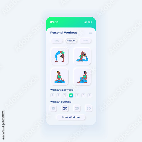 Fitness workout app smartphone interface vector template. Mobile app page day mode design layout. Exercise course adjustments screen. Flat UI for application. Taining settings on phone display