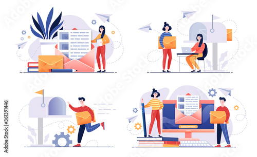 Digital mail services concept with four scenes showing people posting  receiving delivering and opening an envelope with correspondence  colored vector illustration
