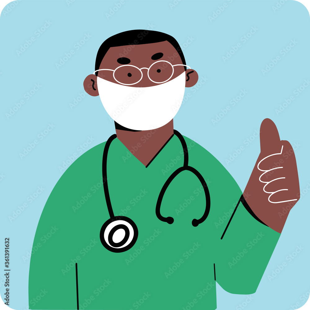 African American doctor hospital worker in uniform and mask. Vector illustration doodle style