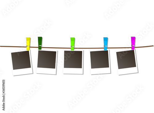 Photo Frames on Rope with colored clothespins.