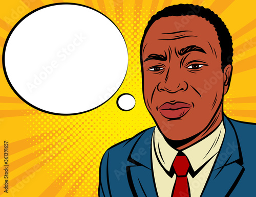 Color vector illustration in pop art style. African American man in a blue suit on a yellow background. Concerned male face with speech bubble. The man is worried. Man thinks frowning eyebrows