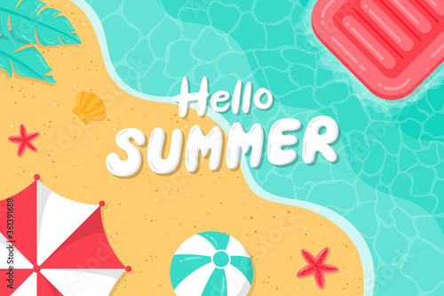 Hello summer background with beach. Summer background on the beach with umbrellas, beach balls and inflatable floating beds.