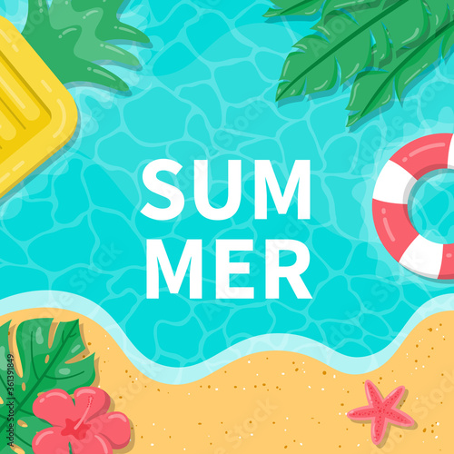 Summer background with tropical leaves, flowers and pineapple inflatable floating beds on the beach. Hand drawn hello summer background.