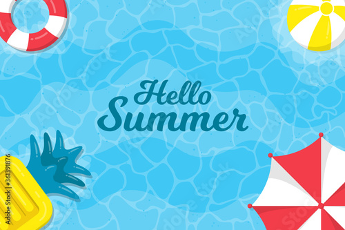 Hello summer background. Summer background on the sea with umbrellas, beach balls and pineapple inflatable floating beds.