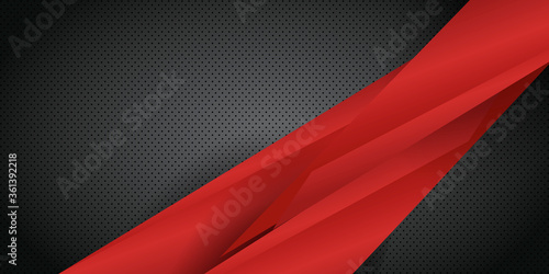Red black geometric background overlap layer on black metal dot hole textured concrete solid. Vector illustration design for presentation, banner, cover, web, flyer, card, poster, wallpaper, texture