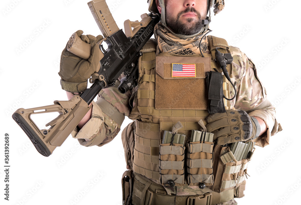 Portrait Of A Soldier Holding Gun against a white background. isolated. u.s. soldier Portrait Of A Soldier Holding Gun against a white background. isolated. u.s. soldier