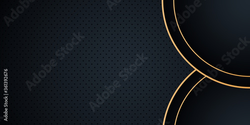 Gold black abstract geometric background with gold lines. Modern shape concept. Dark blue tone abstract background overlap layer. Realistic golden line and textured background. Futuristic design 