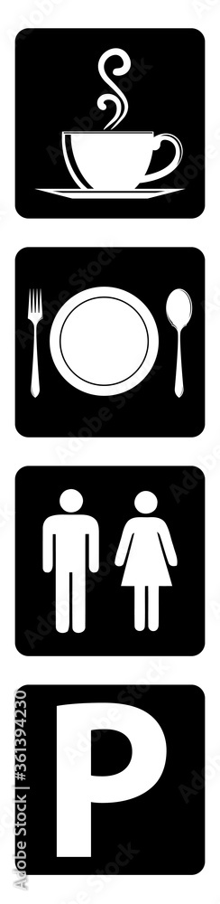 Important icon Collection for restaurant. Meal icon, Coffee shop icon, Washroom symbol, Parking available sign on black background drawing by illustration Important icon Collection for restaurant. Meal icon, Coffee shop icon, Washroom symbol, Parking available sign on black background drawing by illustration