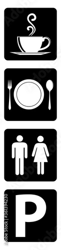 Important icon Collection for restaurant. Meal icon, Coffee shop icon, Washroom symbol, Parking available sign on black background drawing by illustration