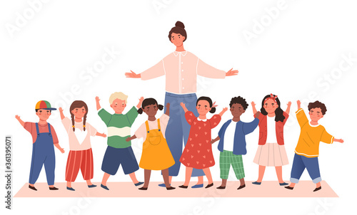 Female teacher with a class of diverse young children playing games and waving over white, colored vector illustration