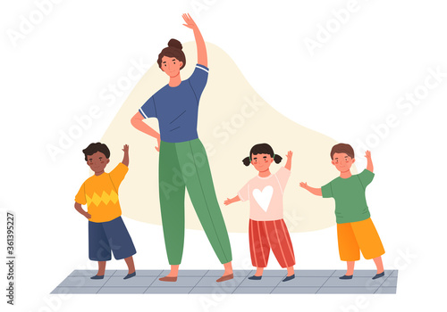 Teacher and three diverse young kindergarten kids exercising doing a work out indoors in an education concept, colored vector illustration