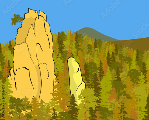 Impressive sandstone rock formation hidden in the woods. Towers enticing climbers. Vector illustration of beautiful nature of Bohemian Paradise, Czech Republic.