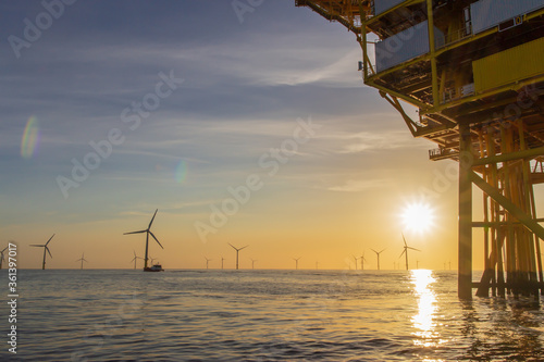 Beautiful sunset in the North Sea OWF