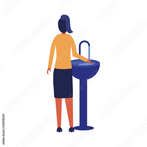 Woman washing her hands on water tap vector design