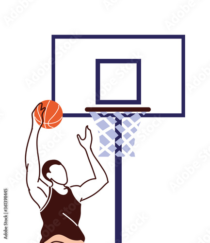 basketball player man with ball jumping to backboard vector design
