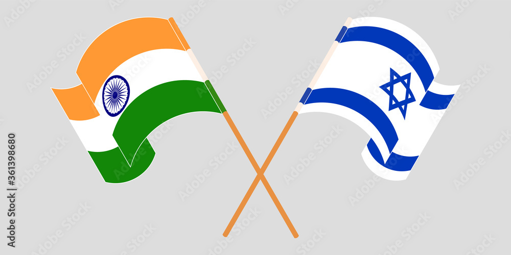 Crossed and waving flags of Israel and India Crossed and waving flags of Israel and India