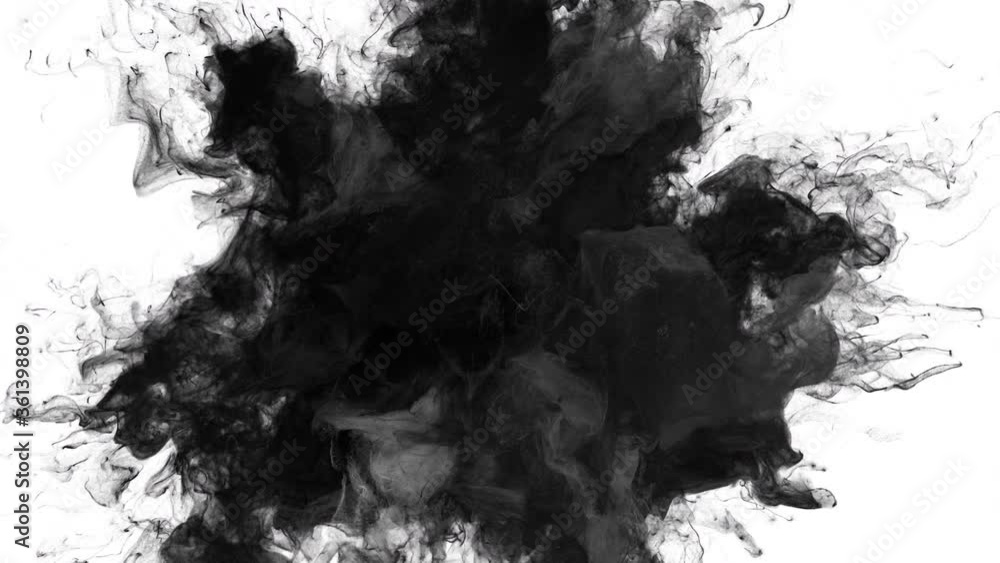 Color Burst - black smoke powder explosion fluid ink particles slow motion alpha matte isolated on white