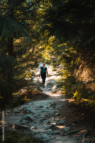 A girl exploring moody forest nature. Outdoor hiking in the mountains with mystic trekking pathes. Harz Mountains, Harz National Park in Germany.
