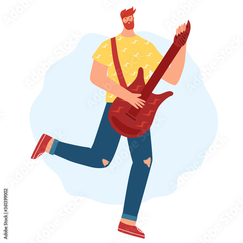 Guitar player. A young man plays the electronic guitar. Vector illustration