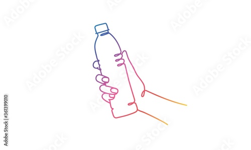 Human hand with bottle of water. Rainbow colours in linear vector illustration.