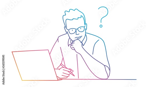 Pensive man working, sitting at table. Question mark. Rainbow colours in linear vector illustration.
