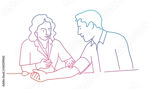 Female doctor measuring blood pressure to patient. Rainbow colours in linear vector illustration.