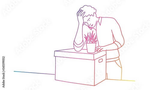 Sad man leaving job. Rainbow colours in linear vector illustration.