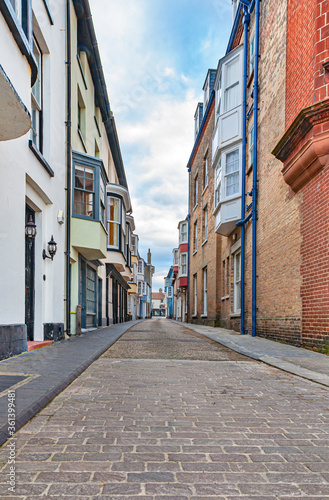 Canvas Print Narrow town street, Cromer, England
