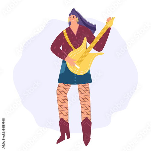 Woman guitar player. A young woman plays the electronic guitar. Vector illustration