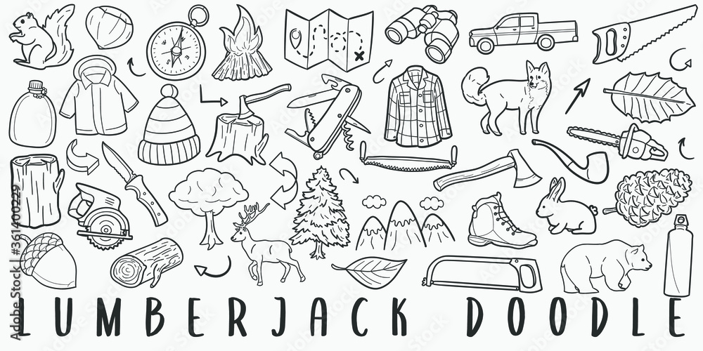 Lumberjack Doodle Line Art Illustration. Hand Drawn Vector Clip Art. Banner Set Logos. Lumberjack Doodle Line Art Illustration. Hand Drawn Vector Clip Art. Banner Set Logos.