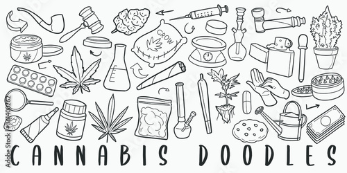 Cannabis Doodle Line Art Illustration. Hand Drawn Vector Clip Art. Banner Set Logos.