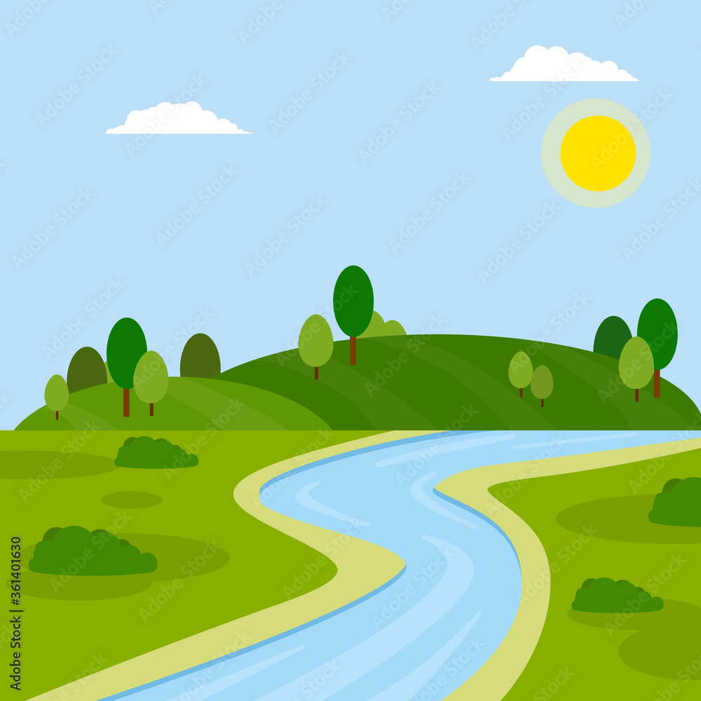 River in green valley. Field, green hill, forest and pond. Blue water. A place for outdoor activity and tourism. Natural landscape. The flow of the stream. Summer season. Cartoon flat illustration River in green valley. Field, green hill, forest and pond. Blue water. A place for outdoor activity and tourism. Natural landscape. The flow of the stream. Summer season. Cartoon flat illustration