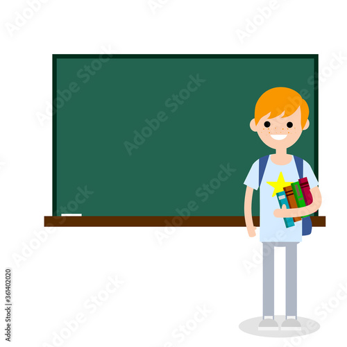 Male student with books and backpack in high school at clean Board with chalk. Education in University and College. Lesson and lecture. Boy and knowledge. Young man. Cartoon flat illustration