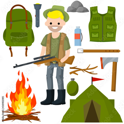 Man hunter with a gun. Tent, fire, ax, wood, backpack, green clothes, flashlight. Sniper with rifle with a scope. Survival kit in the woods. Equipment for hunting animals