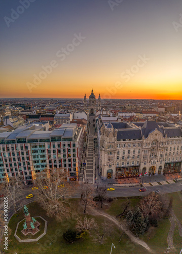 Aerial drone shot of zrinyi utca street before St. Stephen Basilica before Budapest sunrise