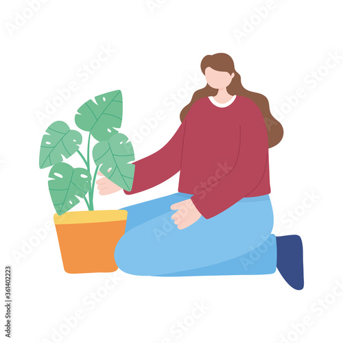 young woman with houseplant in pot decoration isolated icon white background