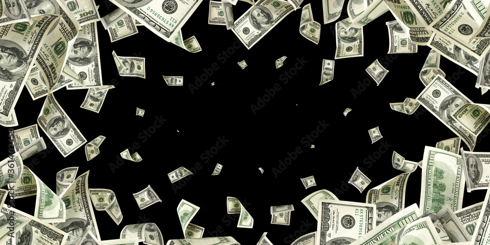 Hundred dollar bill. Falling money isolated on black background. American  cash. Stock Photo | Adobe Stock