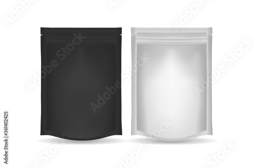 Two blank sachet packet black color and white color. Ziplock Packaging. Vector template for mock up