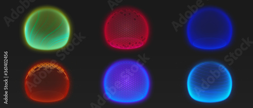 Force shield bubbles, various energy glowing spheres or defense dome fields. Science fiction deflector elements, firewall absolute protection isolated on black background, Realistic 3d vector set