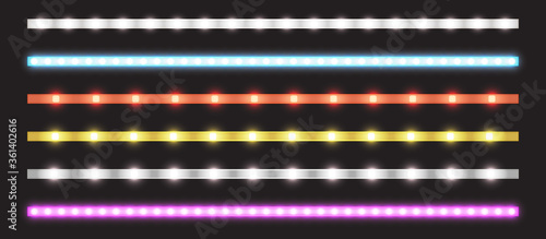 Led strips with neon glow effect isolated on transparent background. Vector realistic set of colored light stripes, glowing tape with pink, red, blue, yellow and white lamp and diode bulbes
