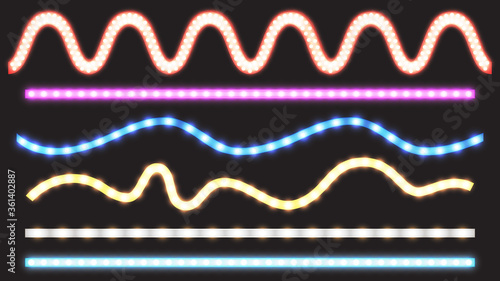 Led strips with neon light effect isolated on transparent background. Vector realistic set of colored light stripes and wavy glowing tape with pink, red, blue and white lamp and diode bulbes