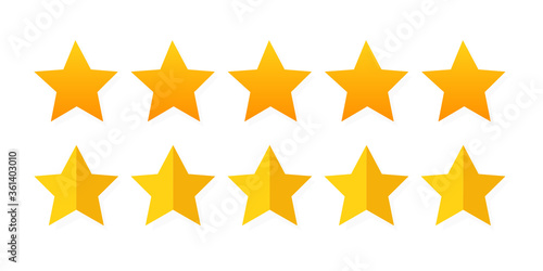 Product ratings, five stars or golden star, quality rating, feedback. Premium icon set flat logo in yellow on isolated white background.