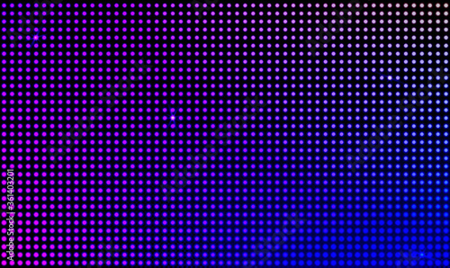 Led wall video screen with blue and purple dot lights on black background. Vector background with grid pattern of pixels for led display. Digital panel with mesh of diode lamps